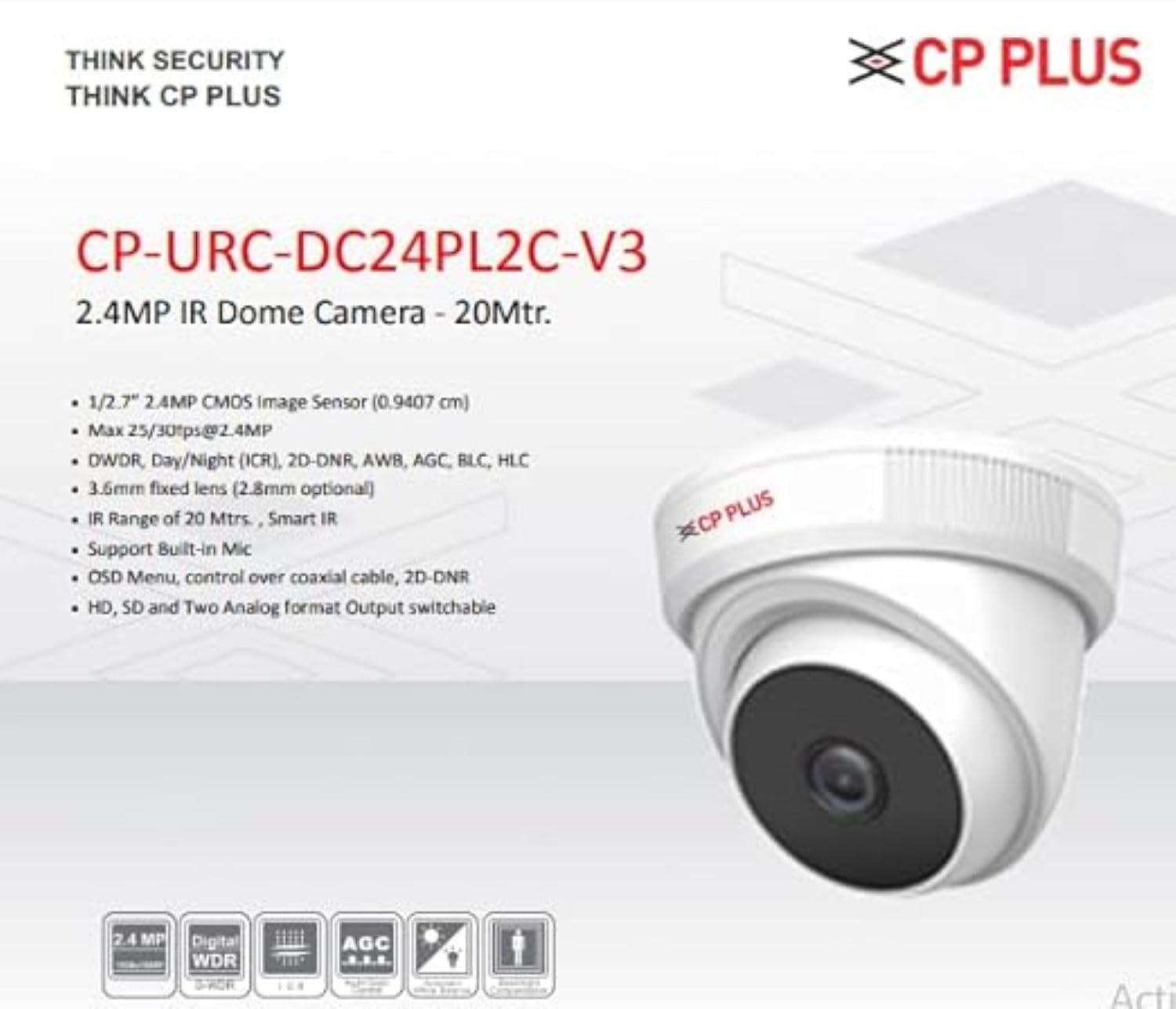 DIGITALCCTV.IN // C.P PLUS 2.4MP IR Dome Security Camera // 3.6mm Fixed Lens // Max 25/30fps at 2.4MP // Support Built-in Mic - CP-URC-DC24PL2C-V3 - Image 3